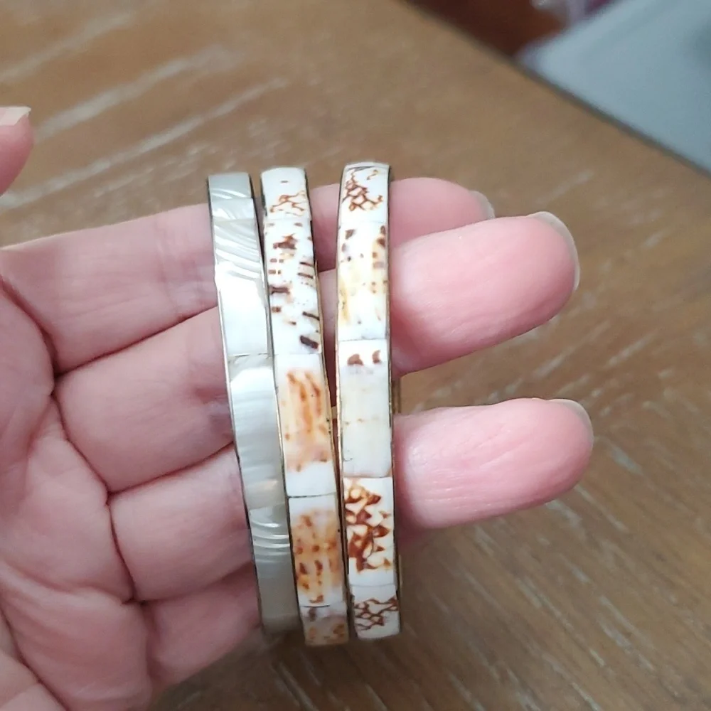 3 Shell Vintage inlaid bangle bracelets 2 brass inside 1 silver tone